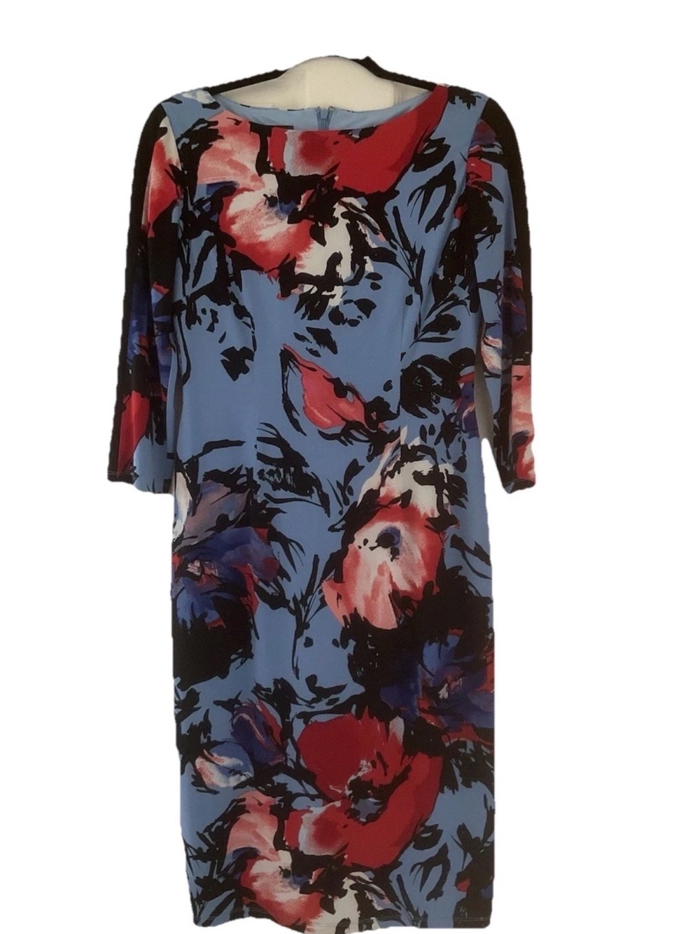 NWT INC Blue Floral Sheath Dress 3/4 Sleeves Round Neck Hidden Back Zipper - 8M